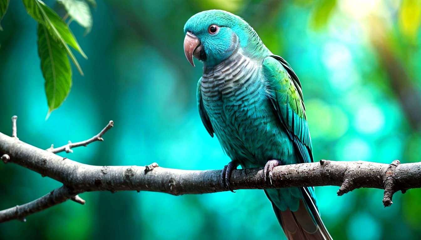 Turquoise Parakeet Perched on Branch in Hyperrealistic Detai...