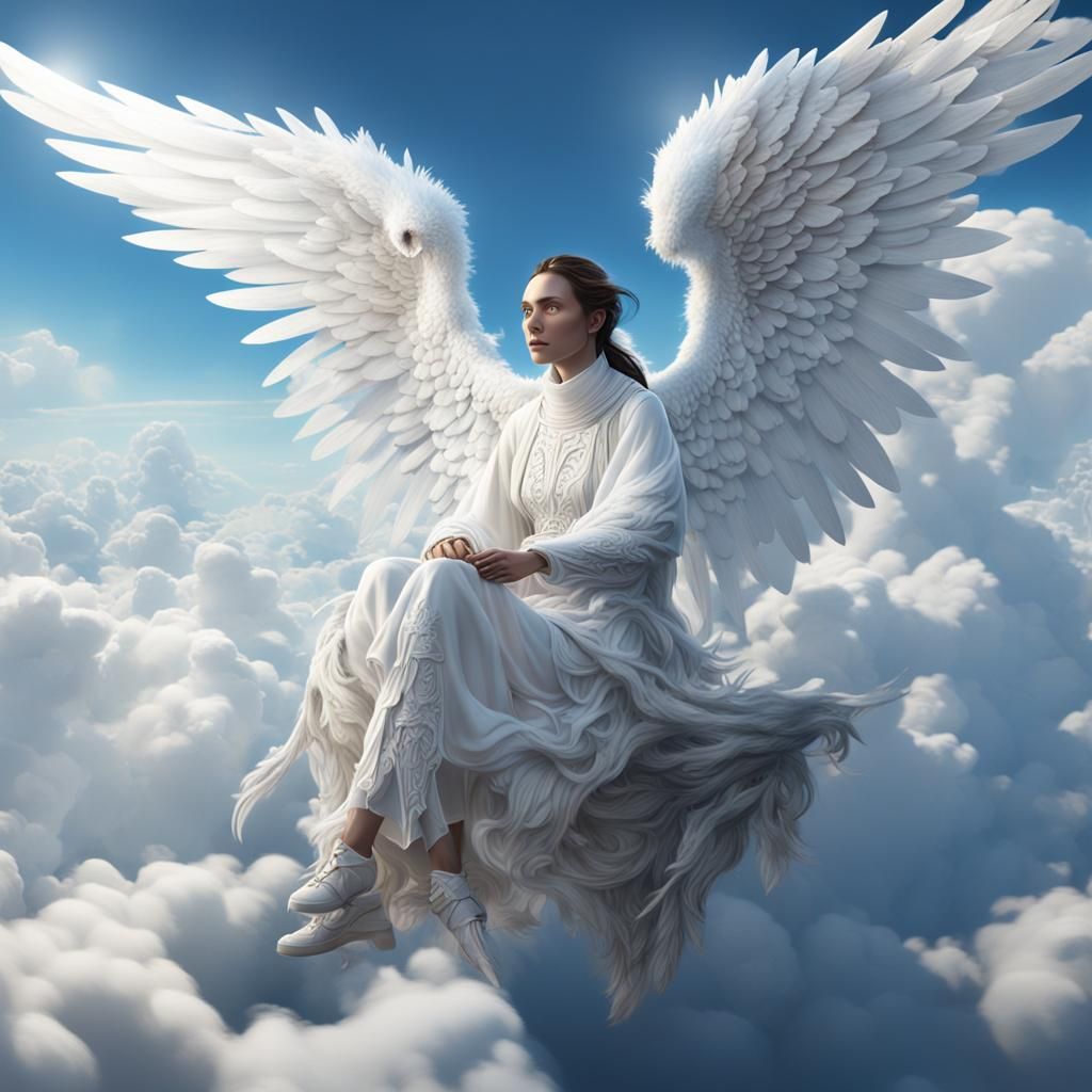 Woman with White Wings on Clouds: Fantasy Art
