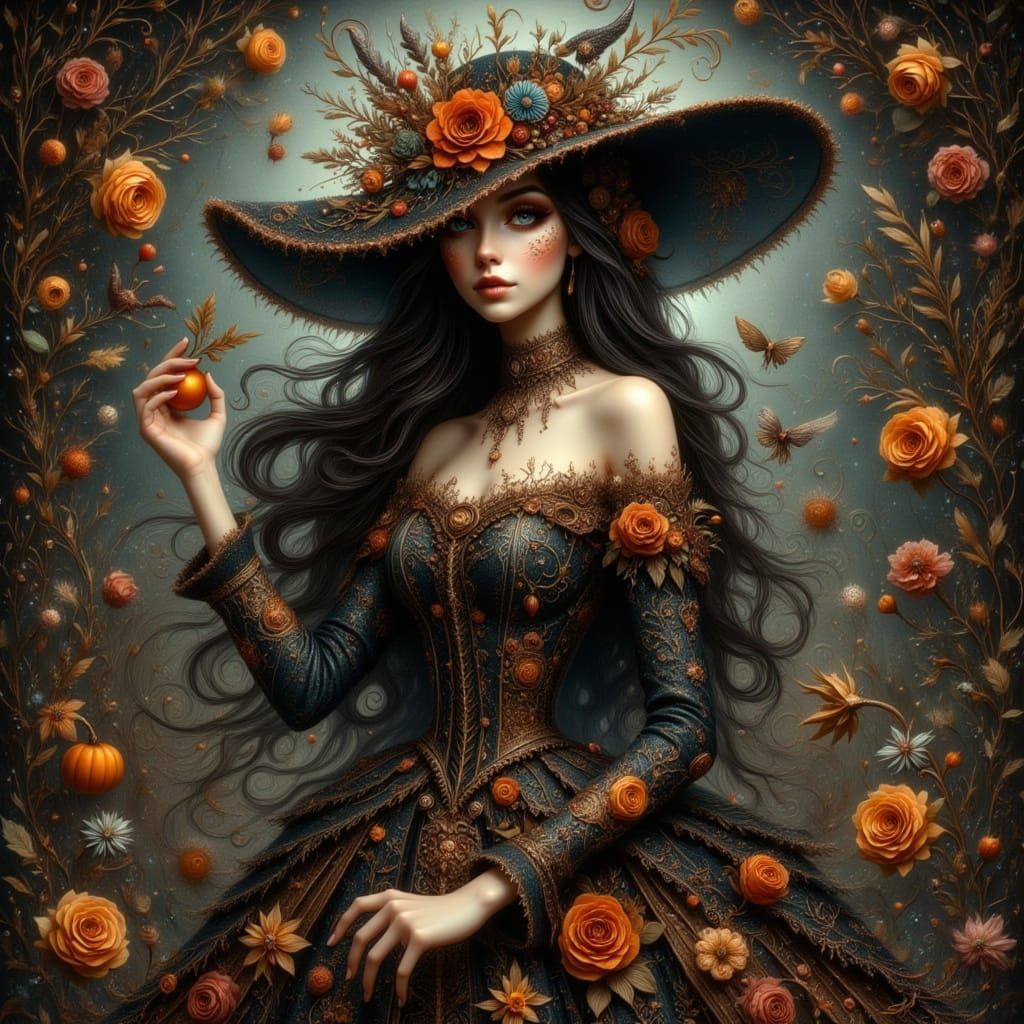 Whimsical Witch Portrait in Dark Fantasy Style