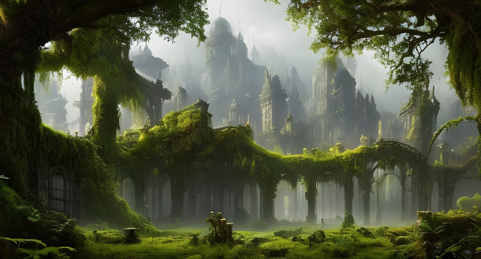 Lush Overgrown Cityscape in Detailed Matte Painting