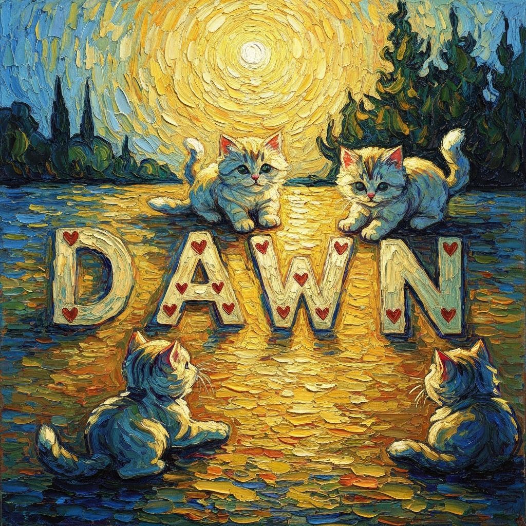 Kittens Spell 'Dawn' in Van Gogh Impasto Style