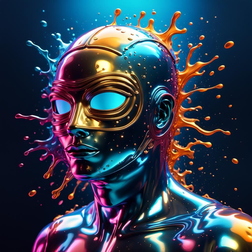 Liquid Metal Sculpture with Mask in Neon Lighting