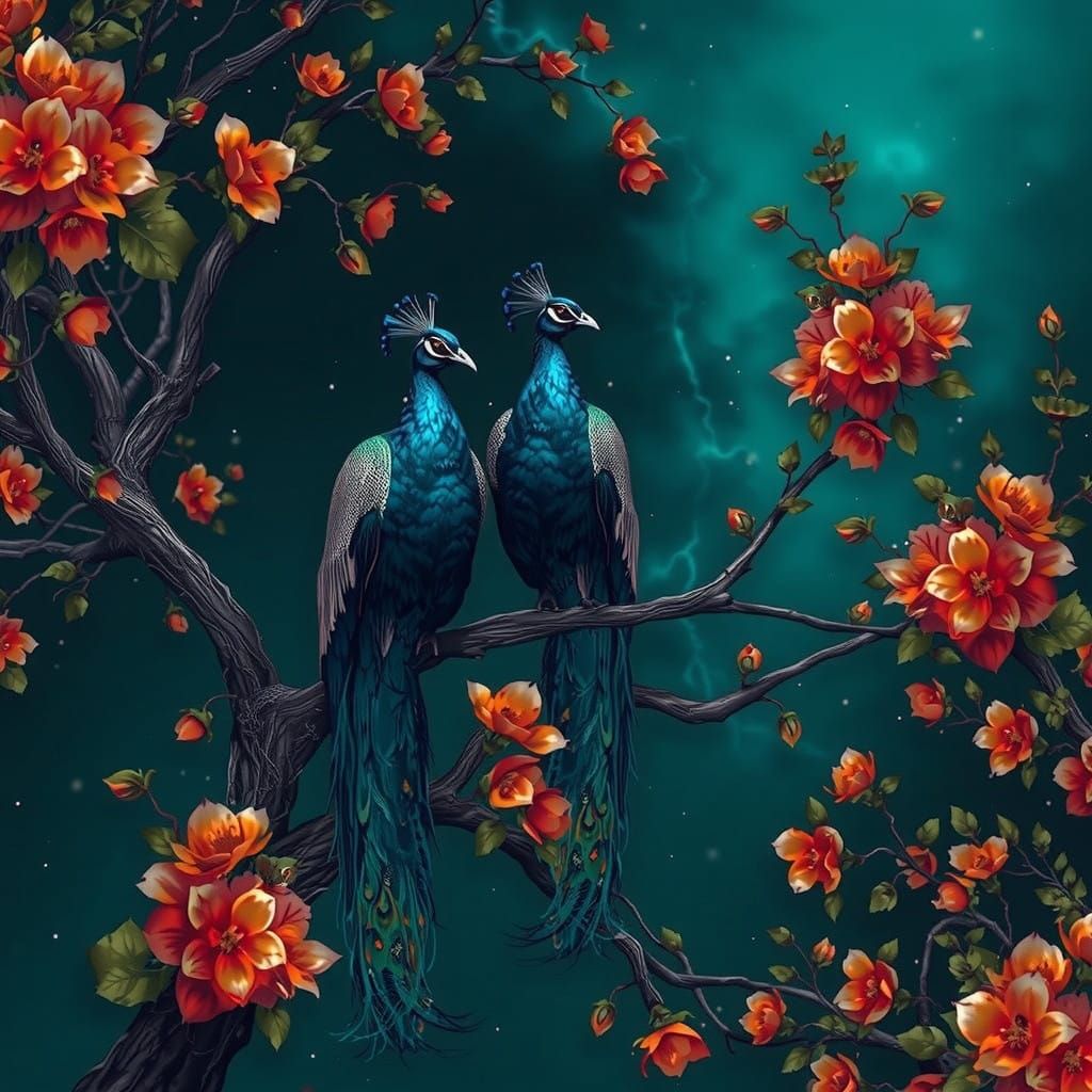 Majestic Peacocks Amidst Stormy Night Sky