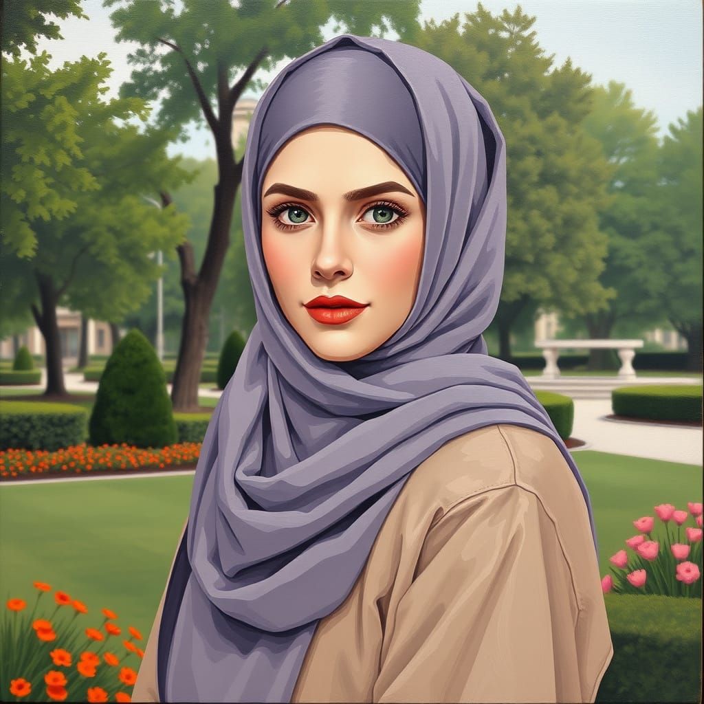 Minimalist Oil Painting of a Beautiful Woman in Hijab