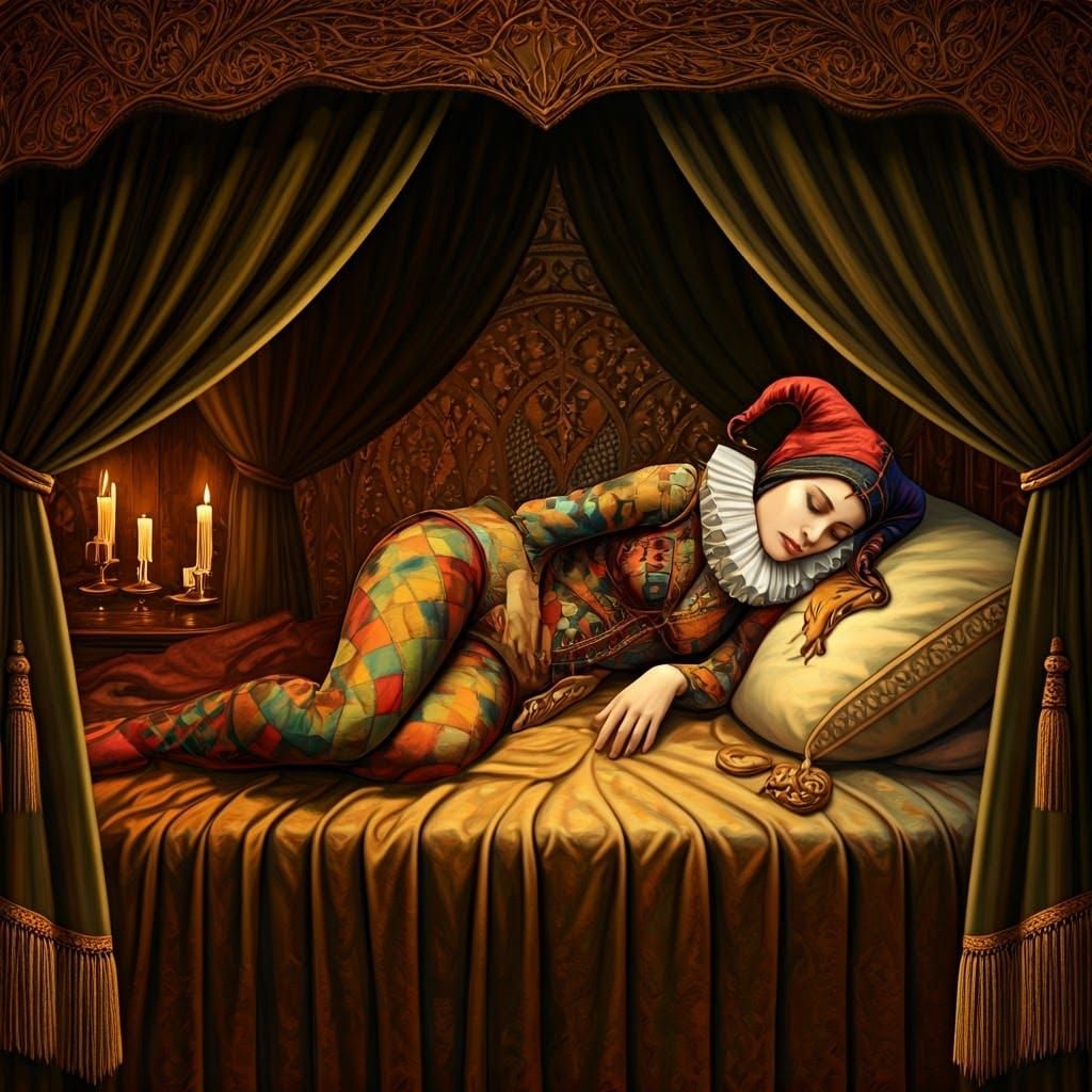 Weary Female Jester Slumbers in Luxurious Renaissance-Inspir...