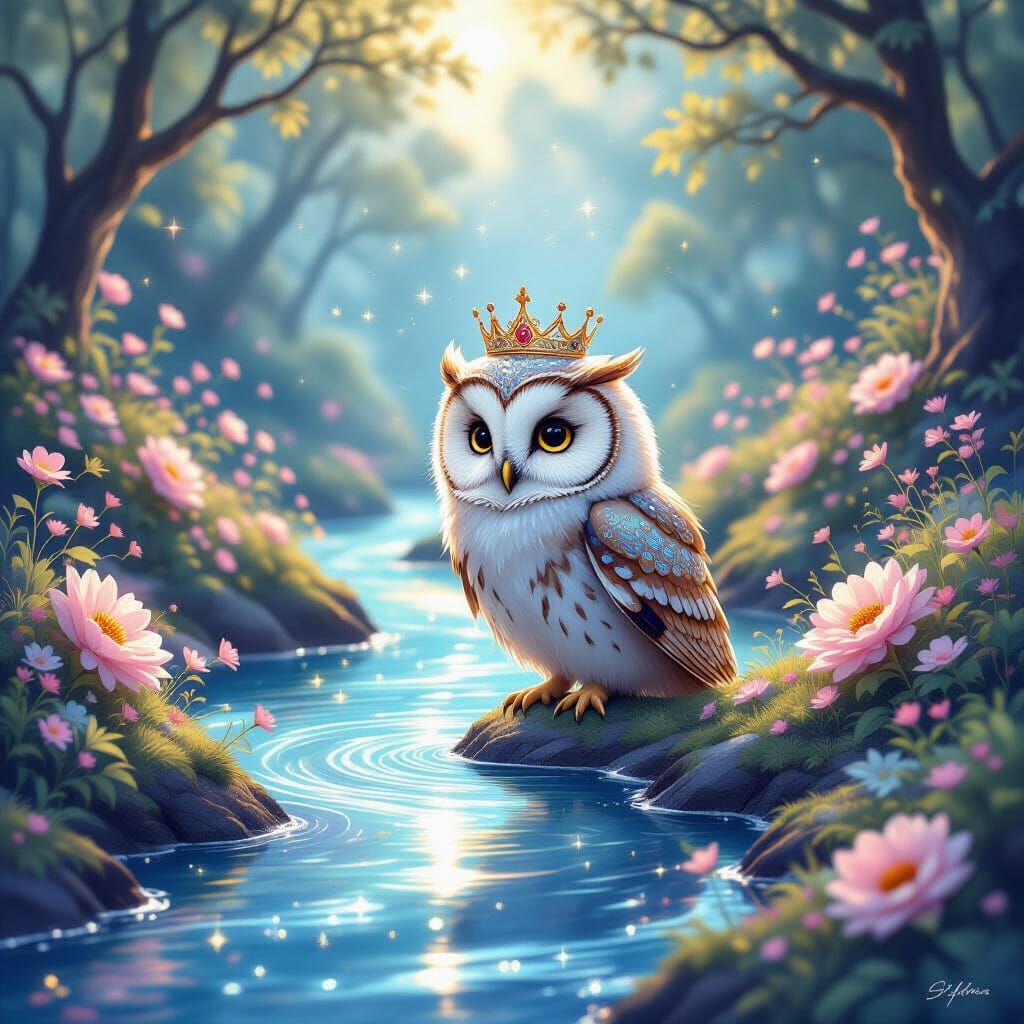 Whimsical Owl Navigates Cosmic River of Stardust