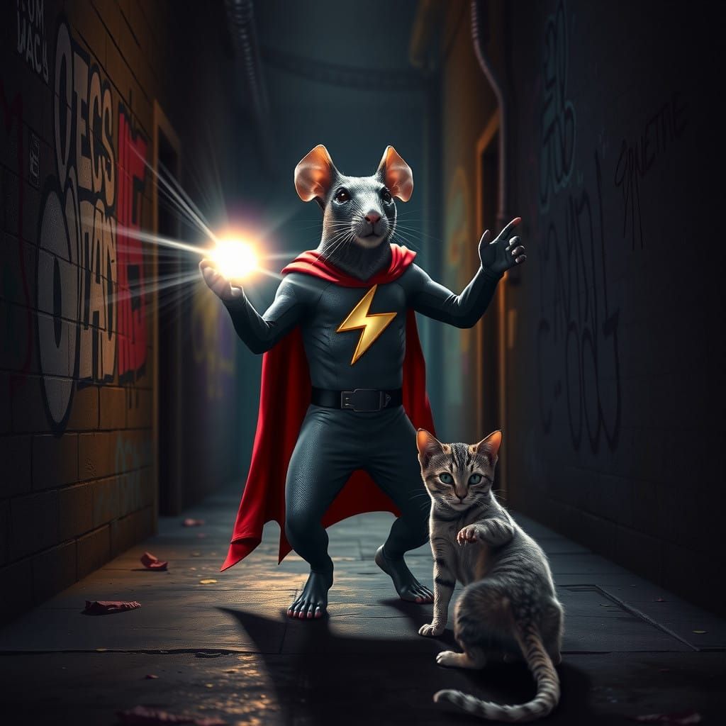 Gritty Neon Hero Rats Protect Innocent Kitten in Dark Alley