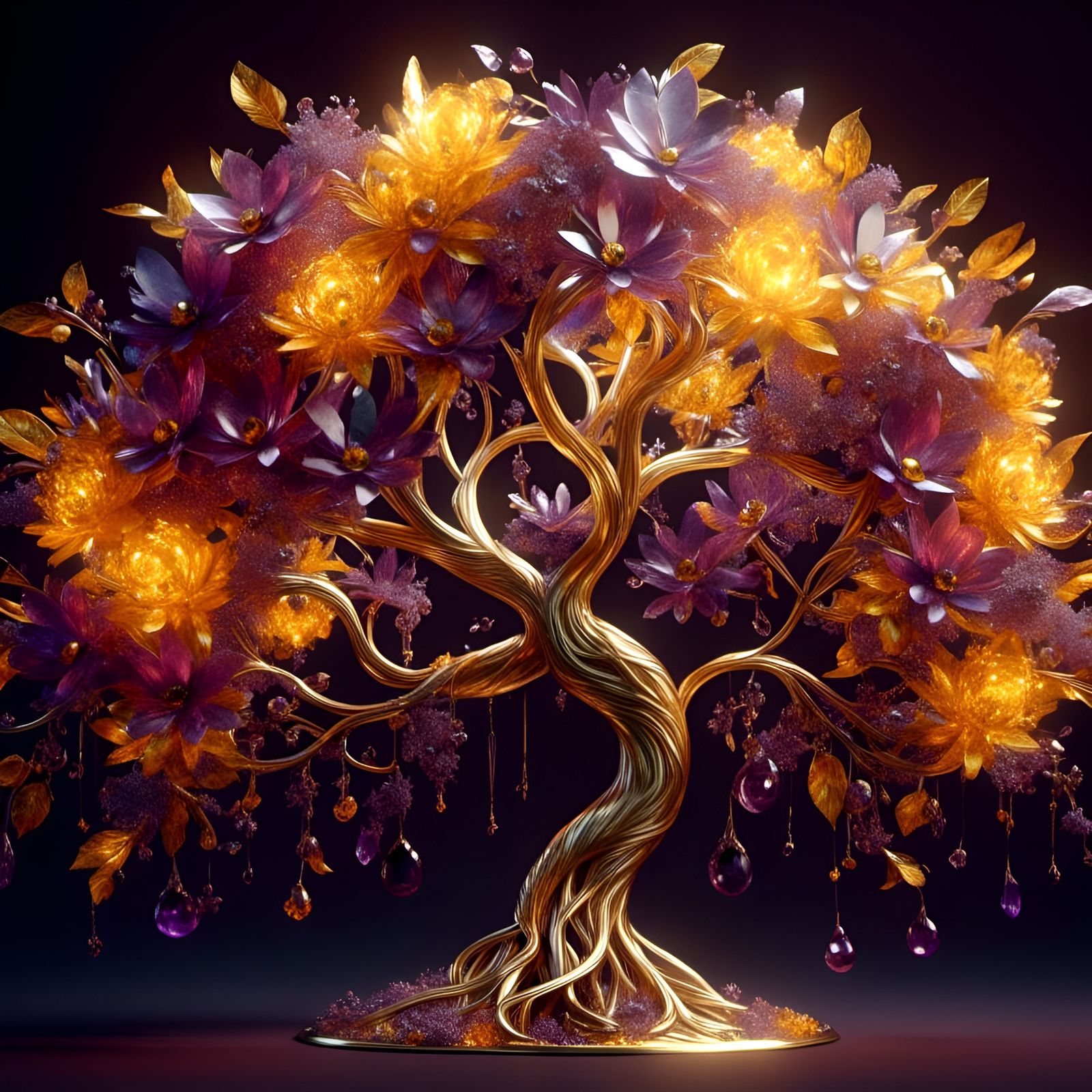 Golden Tree of Life with Gemstone Fruit