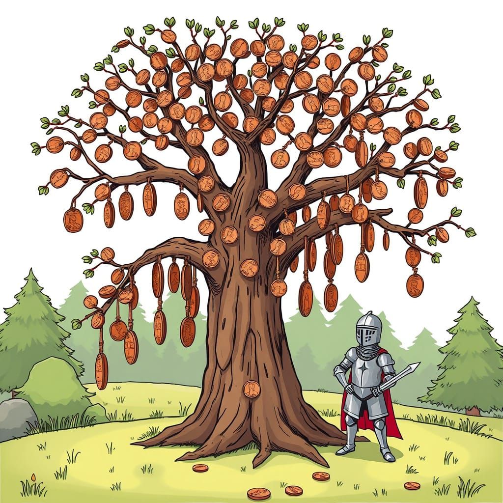Cartoon Tree with Penny Leaves and Knight Guard