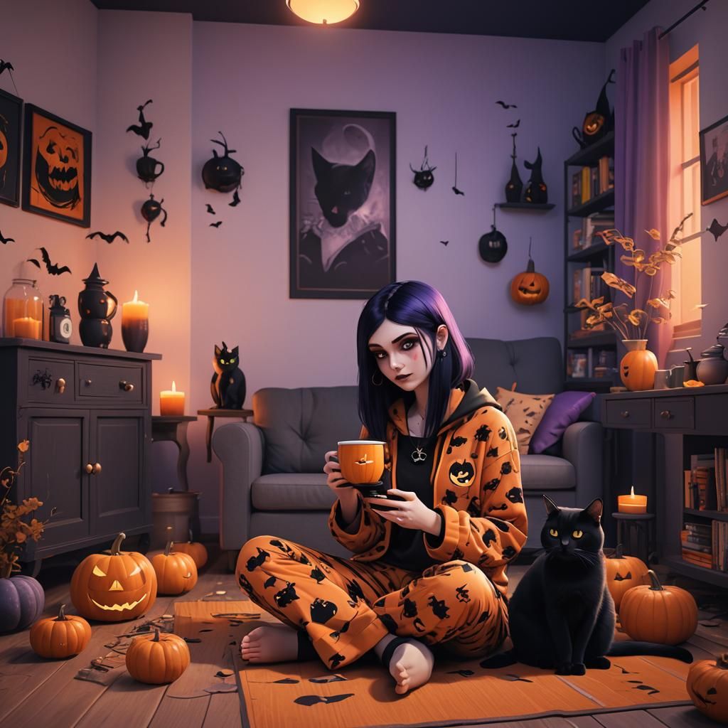 Goth Girl's Halloween: A Pixar-Style 3D Scene