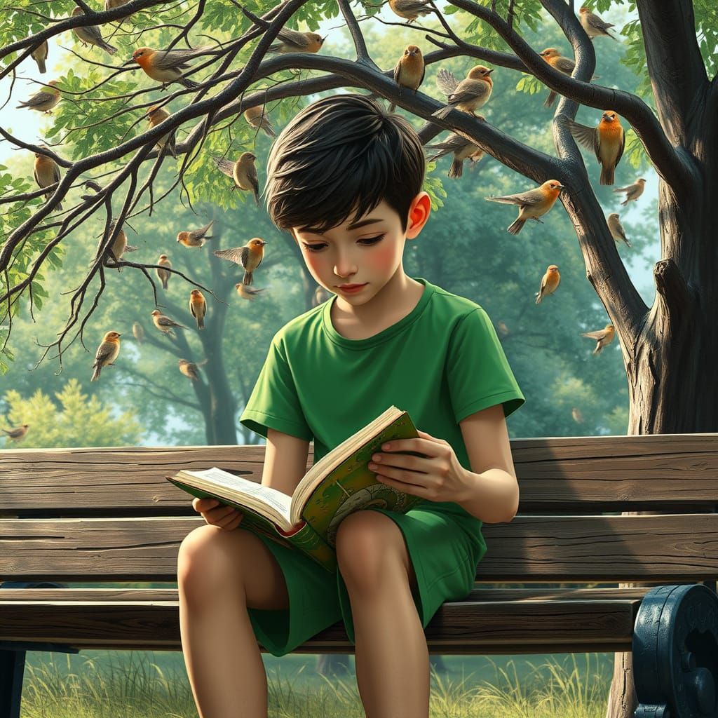 Boy Reading Under Tree in Detailed Matte Painting