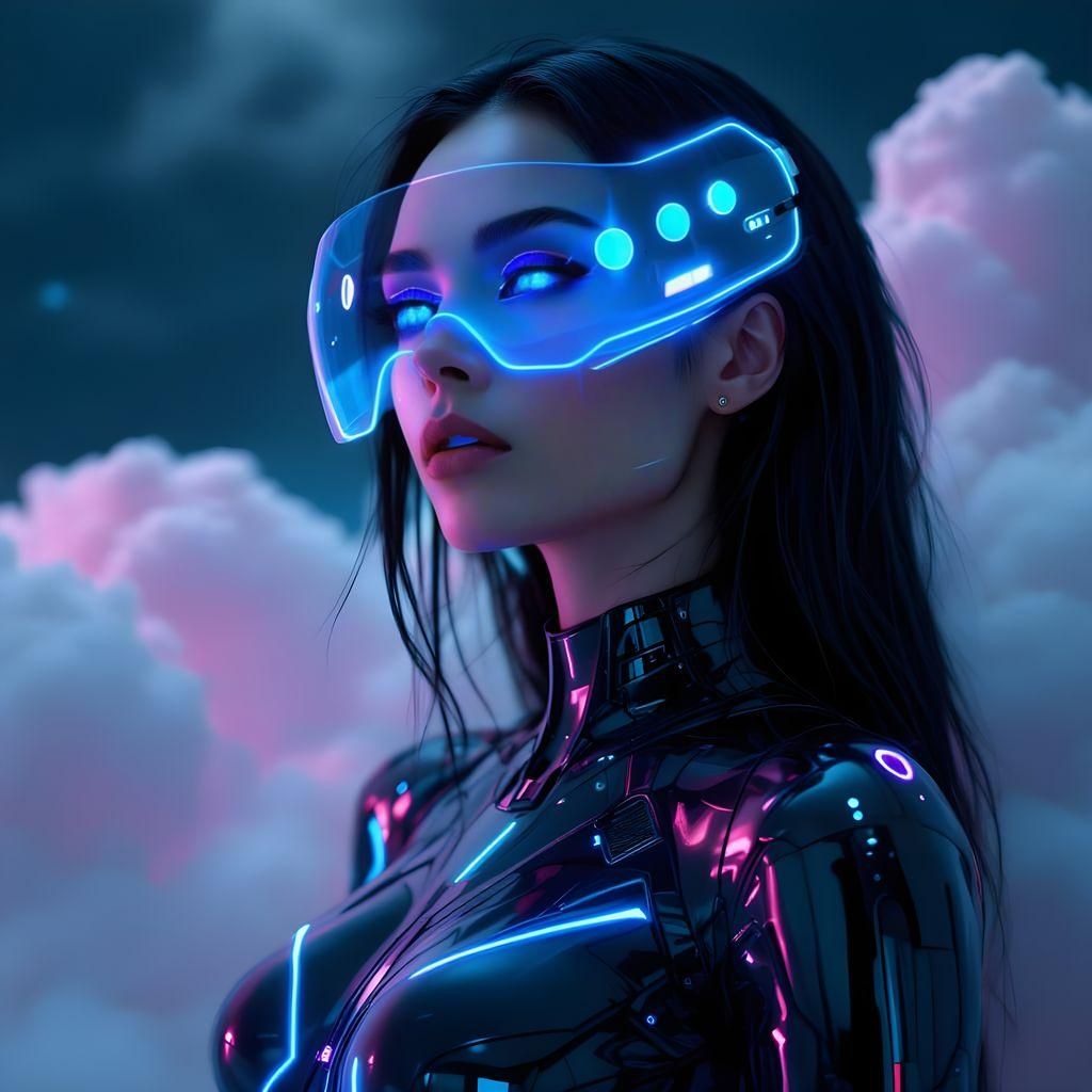 Cyberpunk Goddess in Neon Bodysuit Against Cloudy Skies