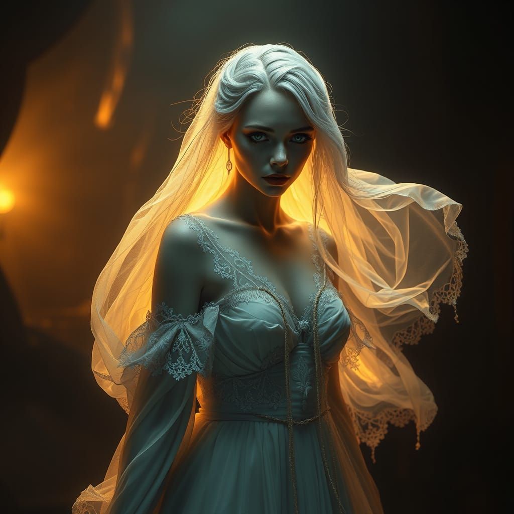 Ethereal Female Spirit in a Haunting Landscape
