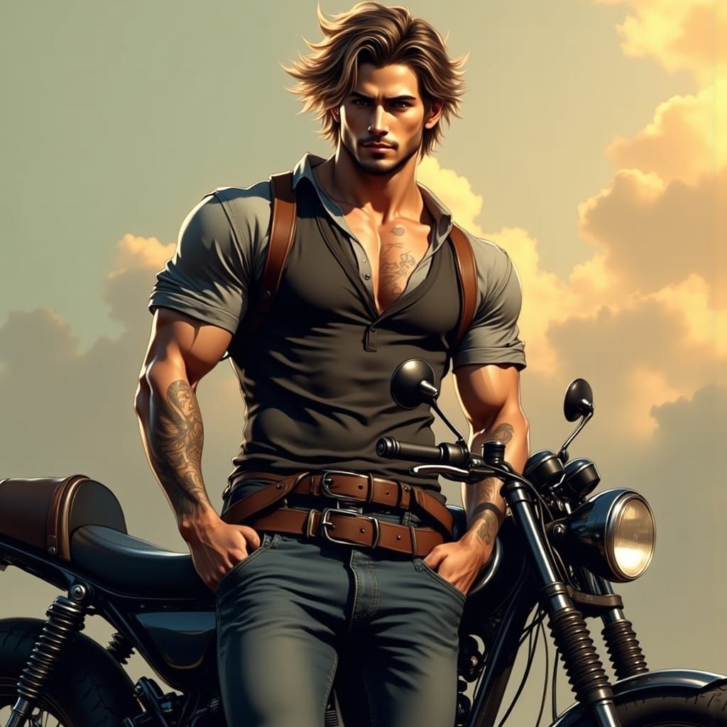 Brooding Tattooed Man Leaning on Motorcycle in Matte Paintin...