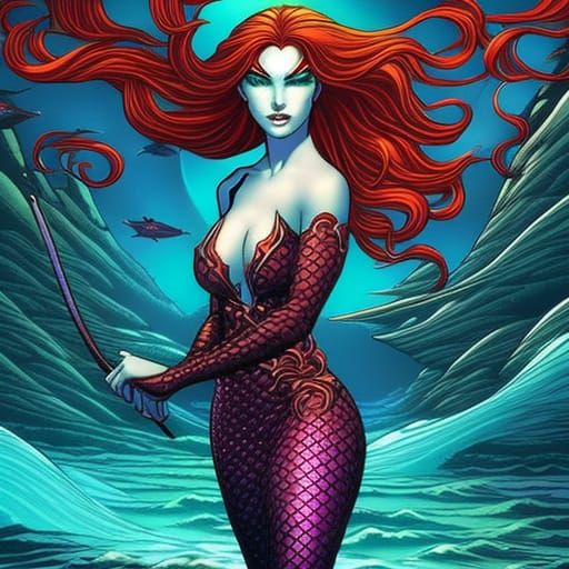 Red-Haired Mermaid with Rainbow Tail, Comic Book Art