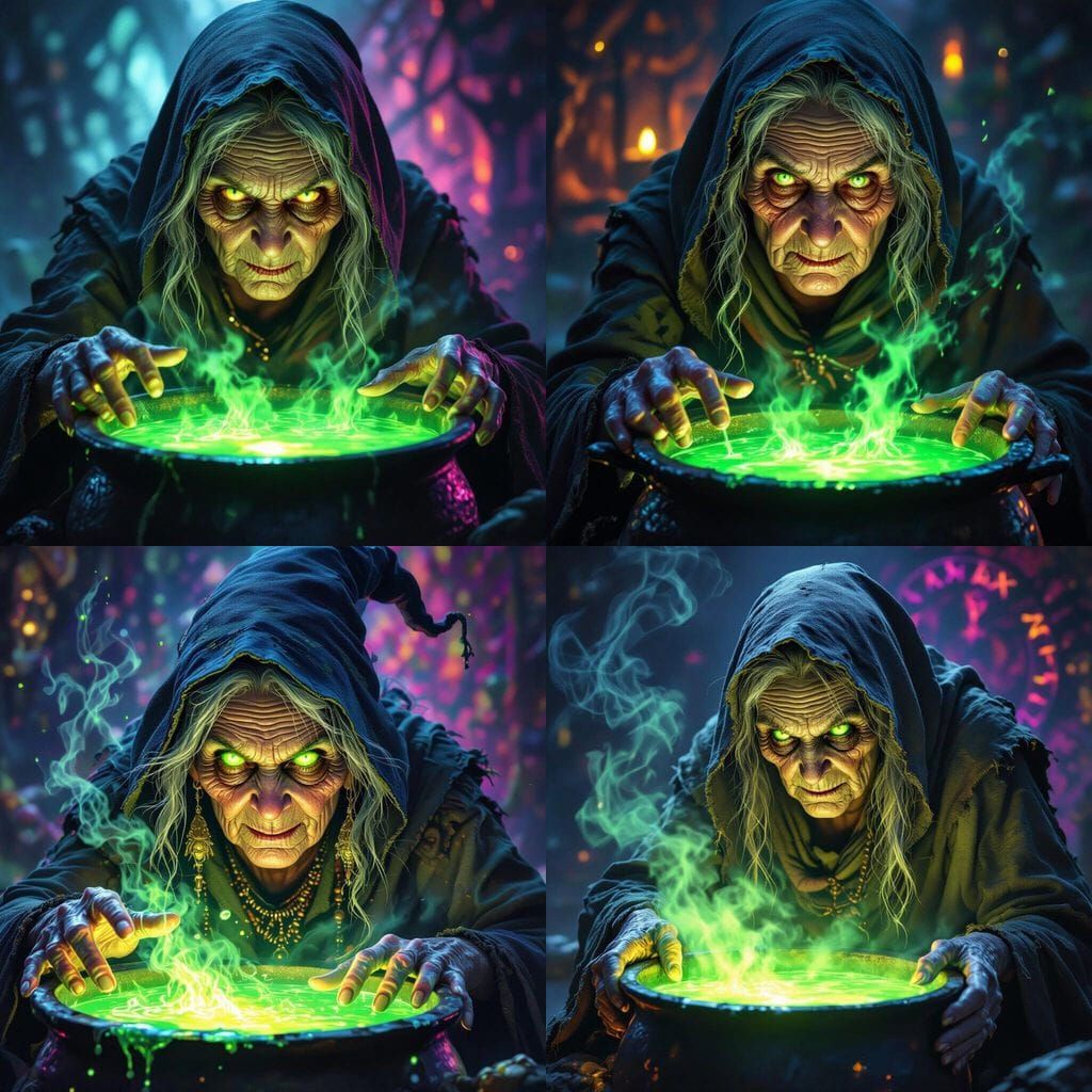 Eerie Green Glow From Cauldron Reflects In Old Hag's Eyes
