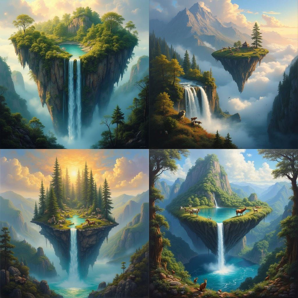 Flying Island Oasis: Animals, Waterfall, Mountains in Oil Pa...