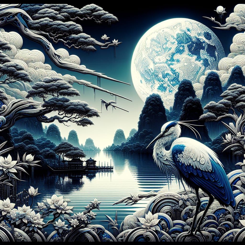 Heron by Moonlit Lake: Chinese Ink Vaporwave