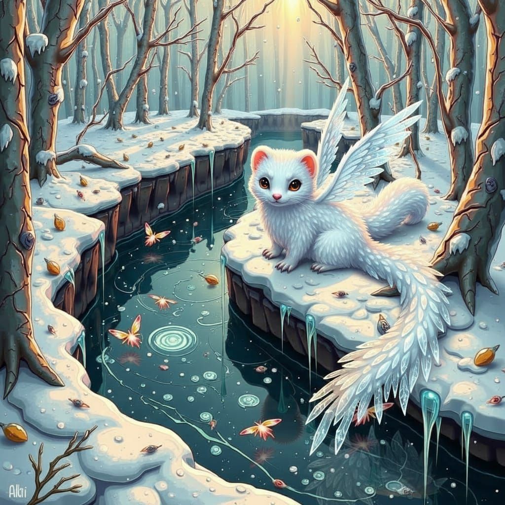 White Stoat with Icy Wings in Snowy Winter Wonderland