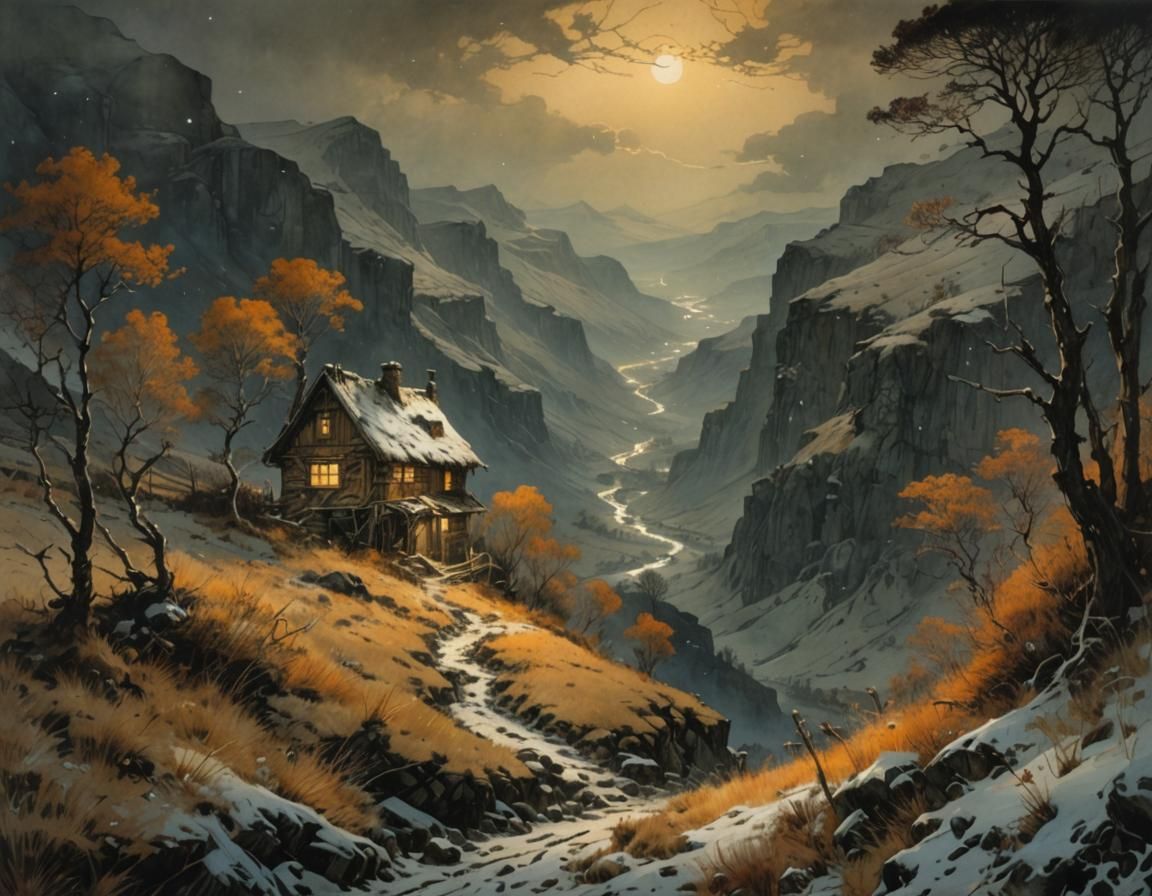 Snowy Night Scene: Cozy Valley Home Lit Up Amidst a Snowstor...