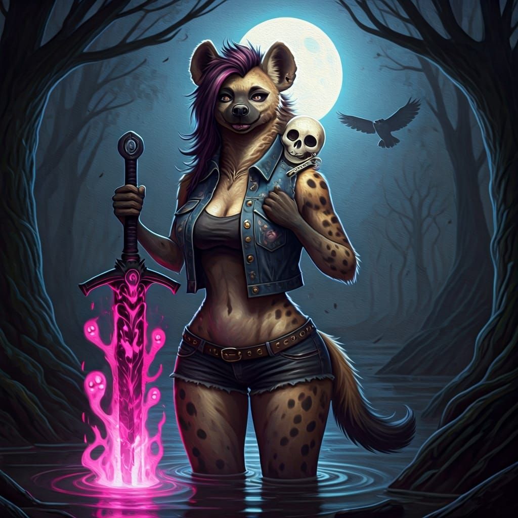 Hyena and Skeleton Baby in Swamp, Impasto Illustration