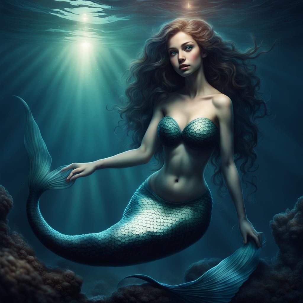 Gorgeous Mermaid in Dark Ancient Ocean