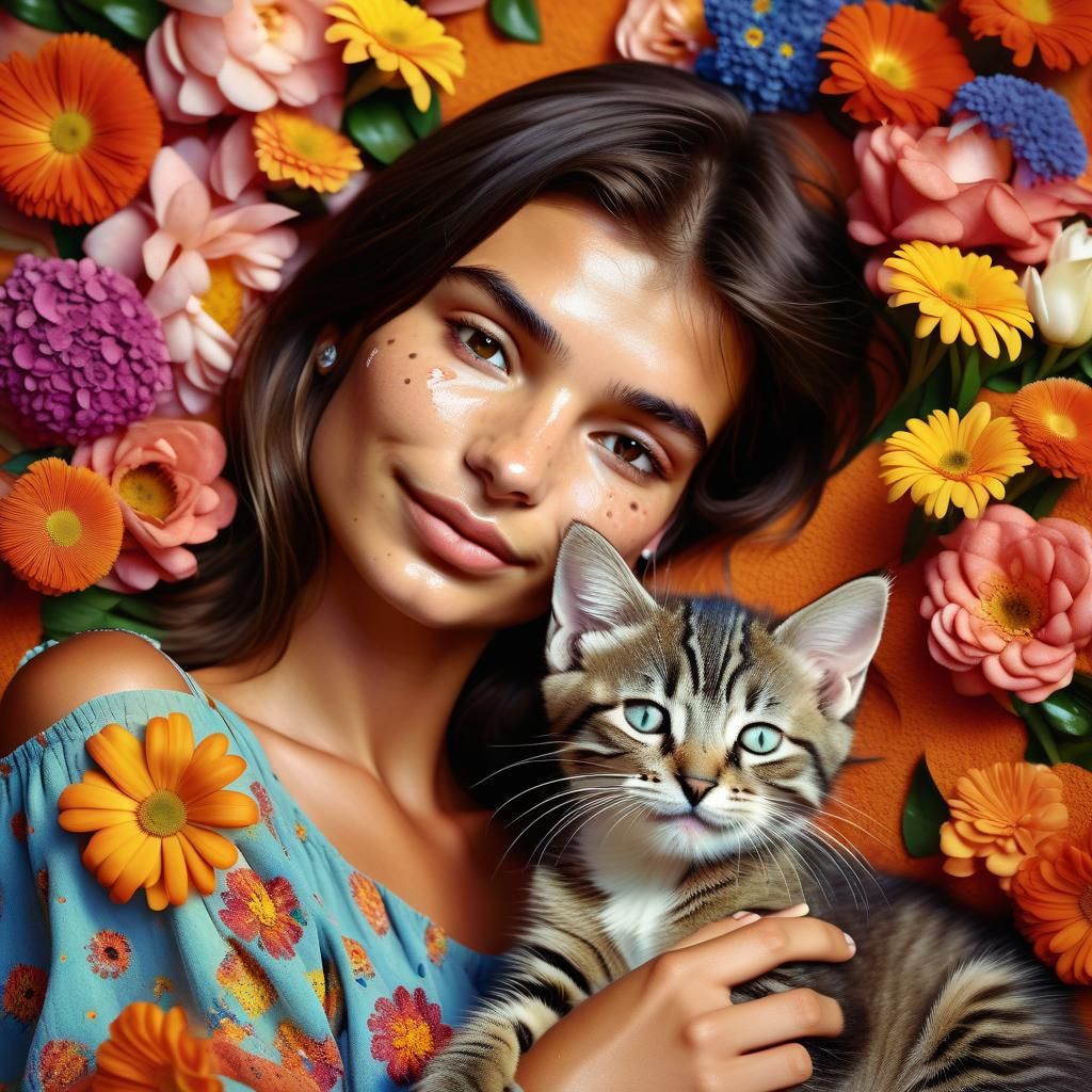 Smiling Woman and Kitten with Sparkling Eyes