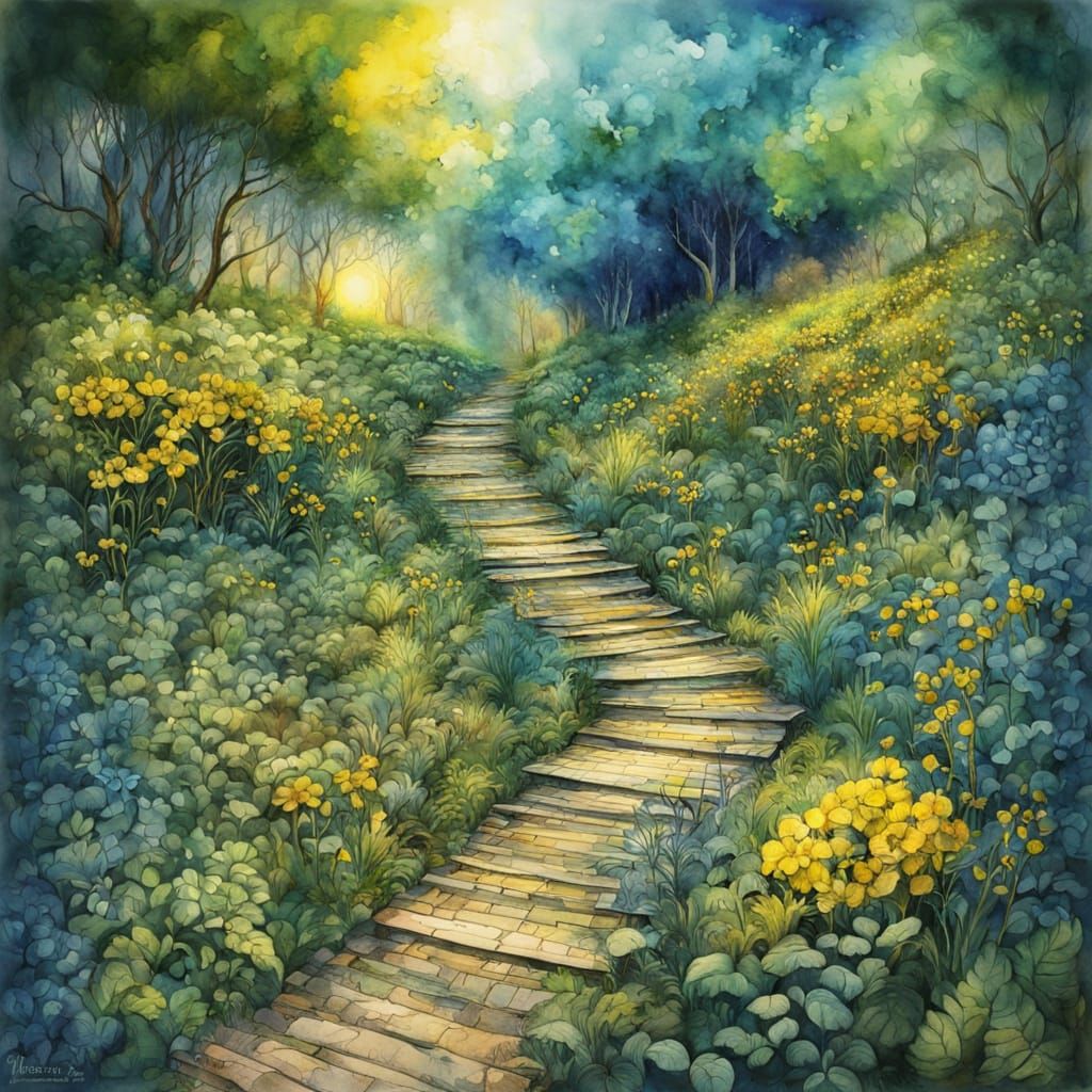 Vivid Watercolour Wilderness Pathway Illustration
