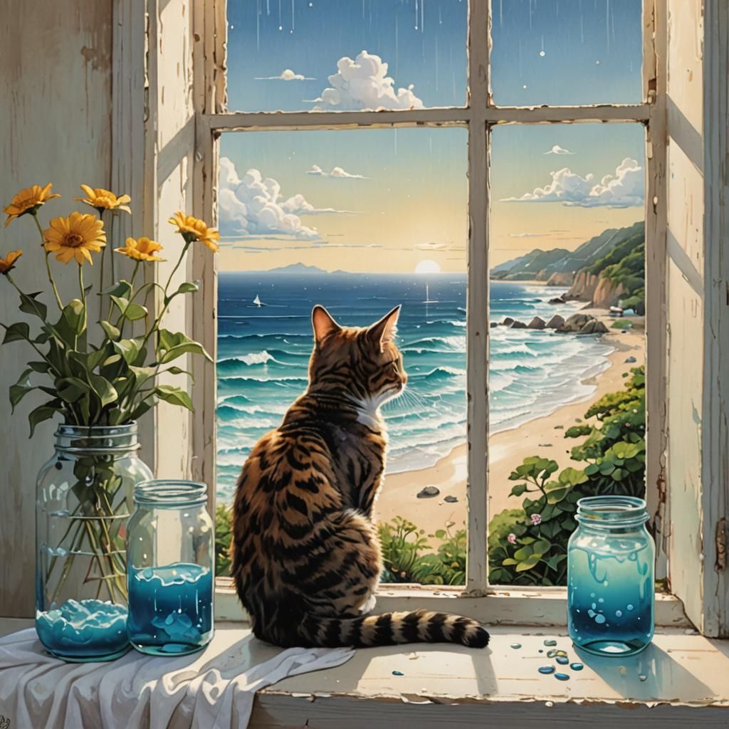 Cat Overlooking Beachscape: Whimsical Matte Painting