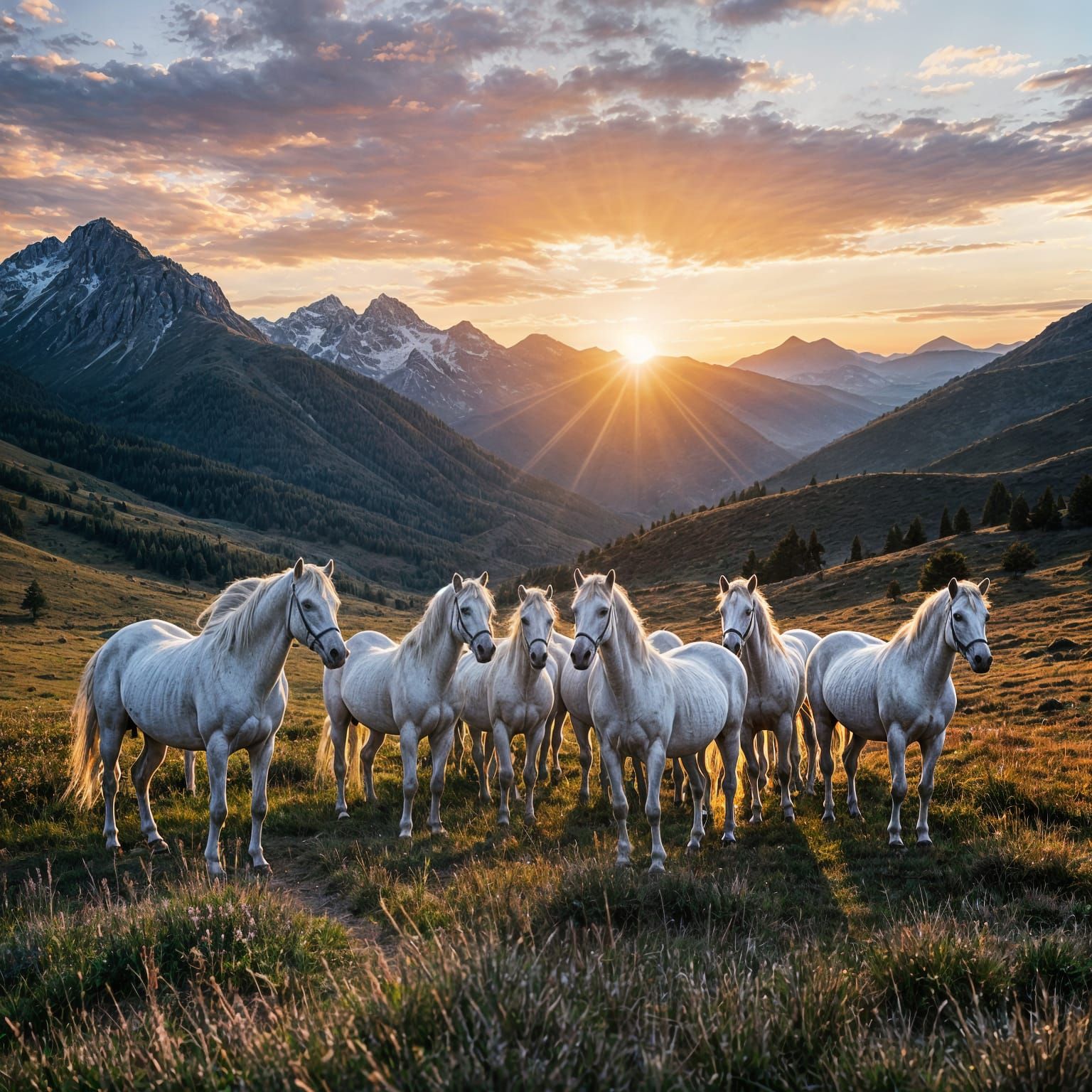 Majestic White Horses at Sunset Mountain Landscape HDR