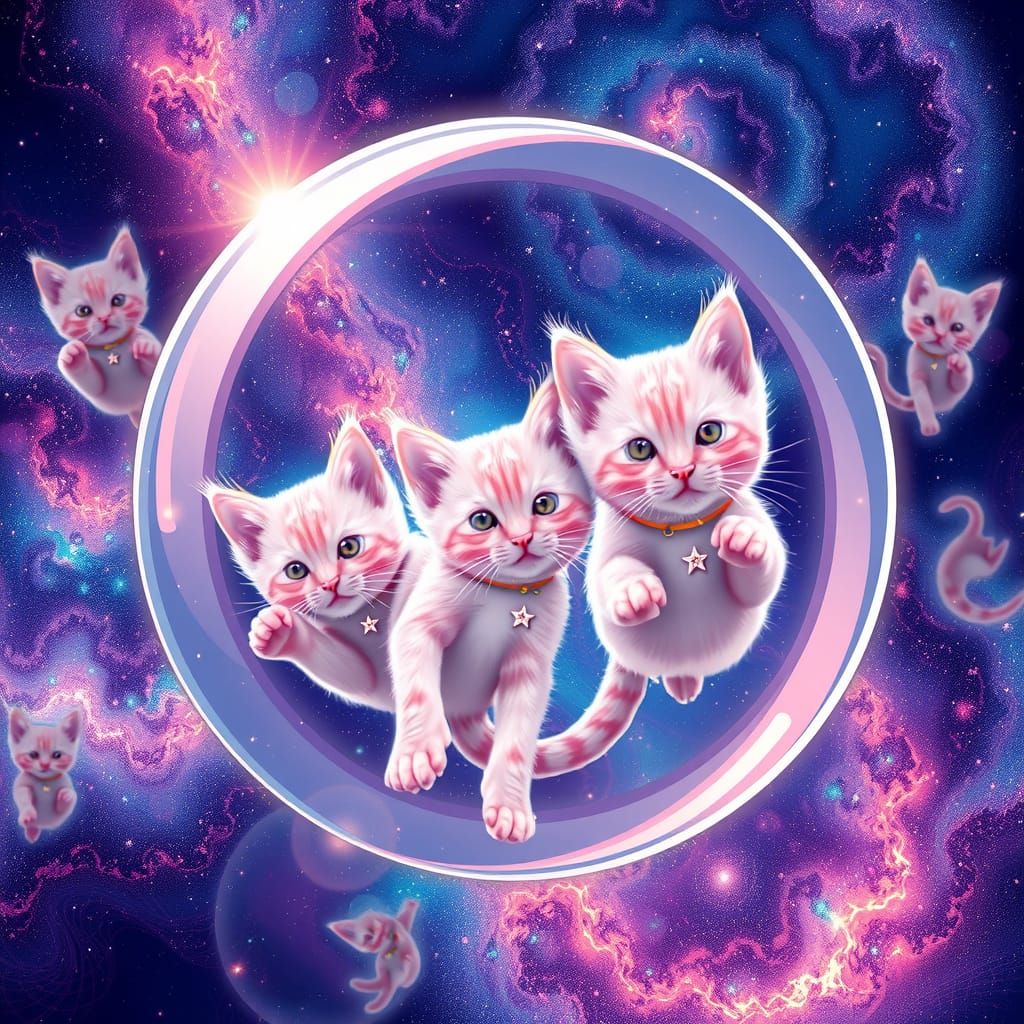 Pink Kittens Floating in a Cosmic Dreamscape