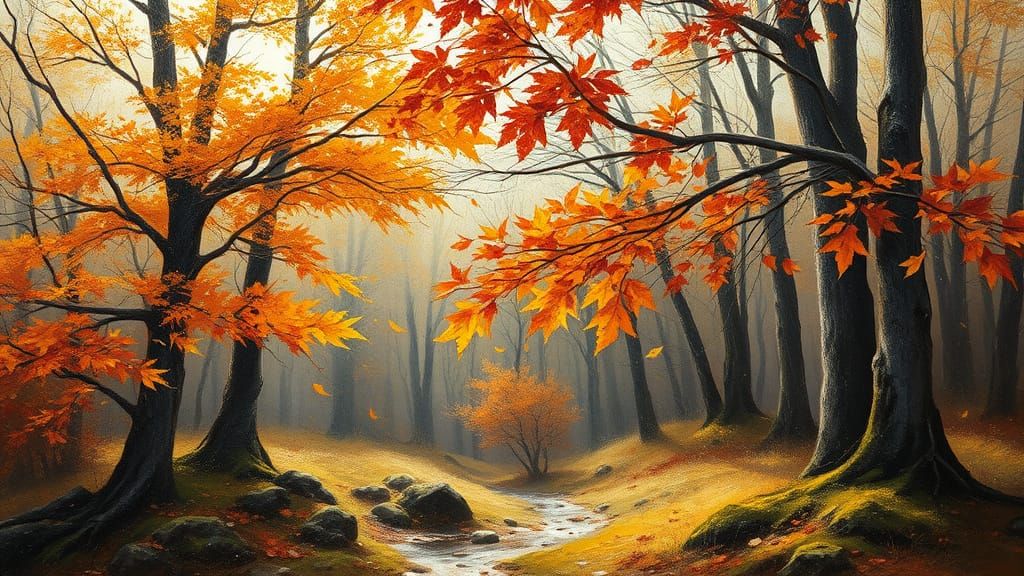 Windswept Autumnal Woodland: An Oil Painting