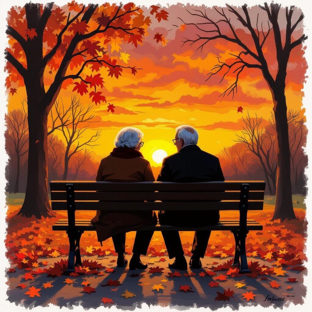 Elderly Couple's Sunset Embrace in Nostalgic Oil Painting St...