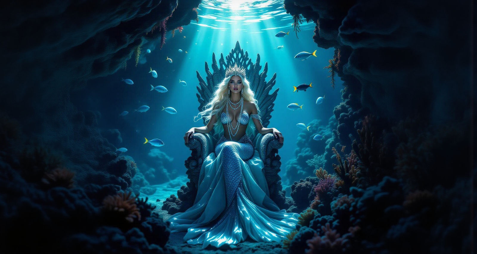 Majestic Mermaid Queen in Bioluminescent Grotto