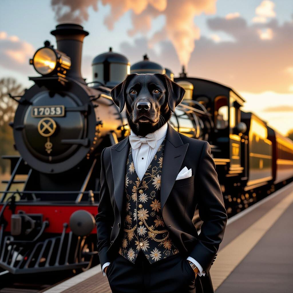 Black Labrador Gentleman on Vintage Steam Train