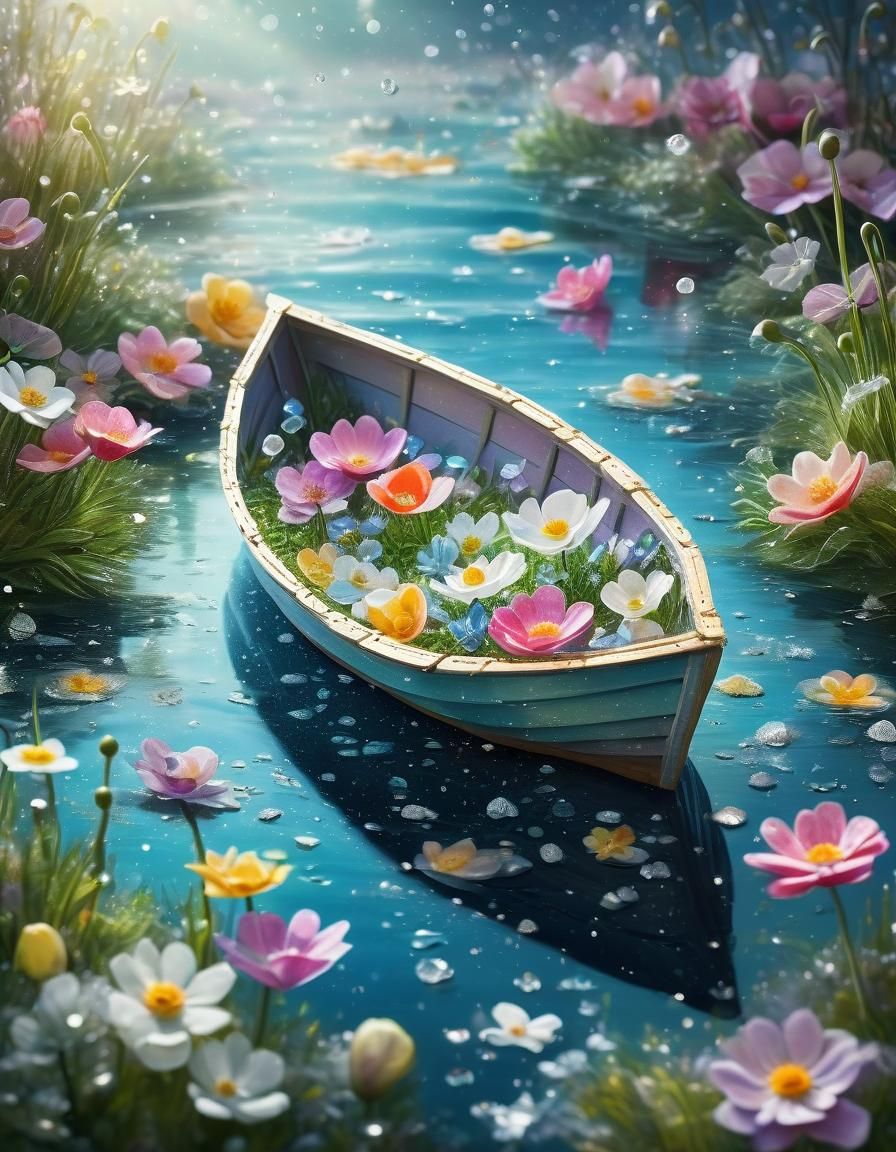 Floral Paper Boat on Water, Detailed Digital Art