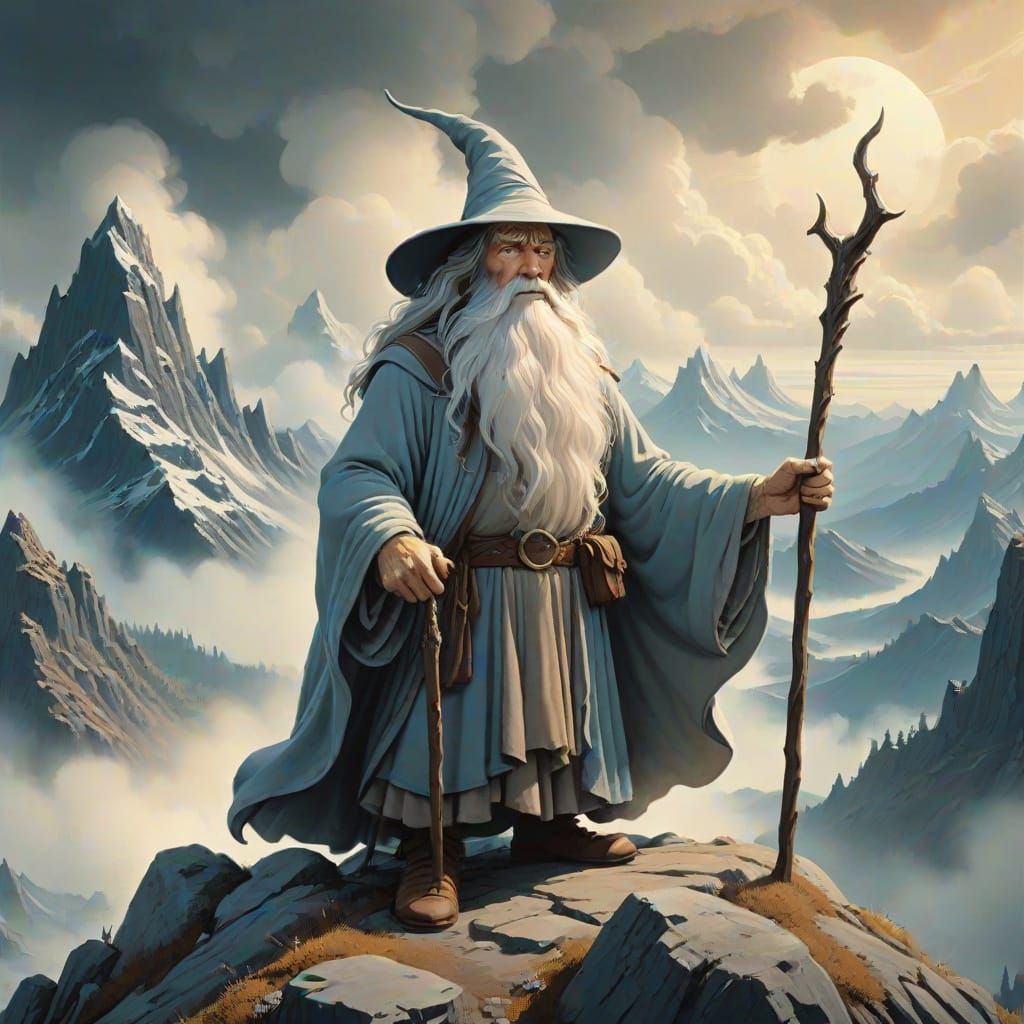 Gandalf the Wizard on Mountain Peak, Ralph Bakshi Style