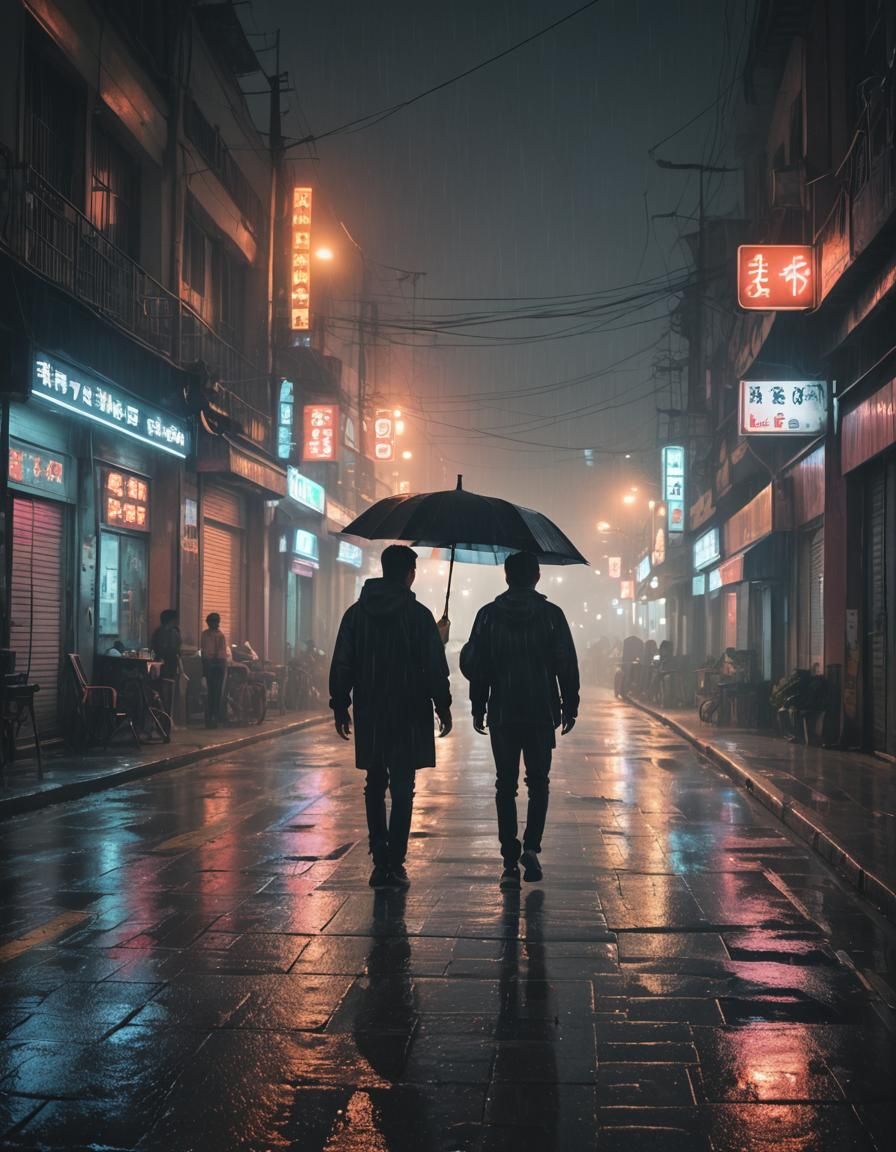 Neon Cityscape at Night After Rain