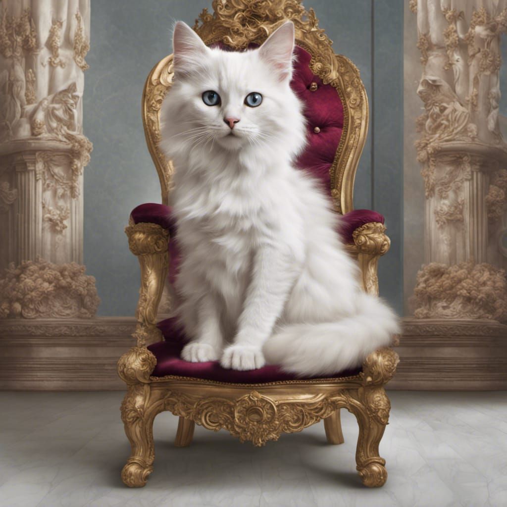 Regal Kitten Portrait on Throne, Detailed Fantasy Art