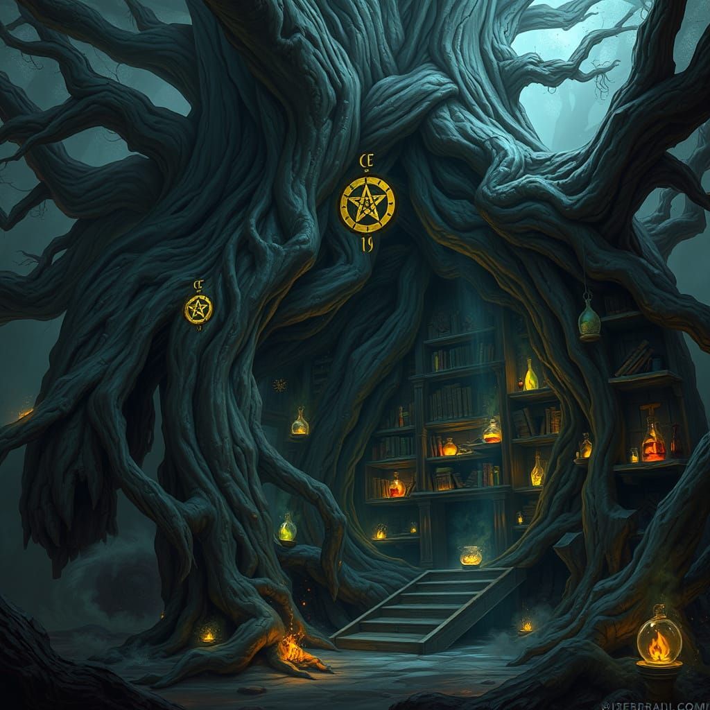 Ancient Tree Sorcerer Lair with Glowing Arcane Symbols