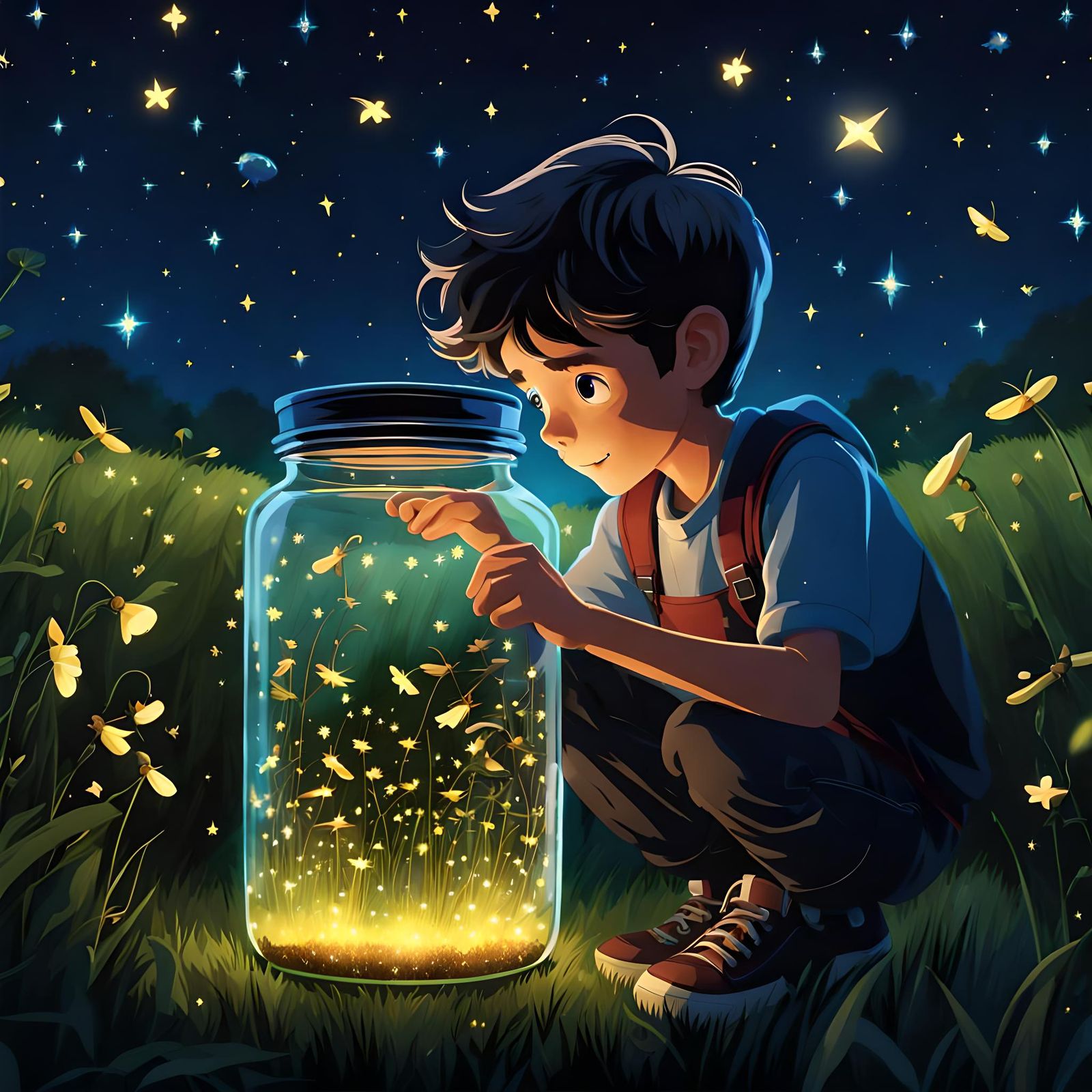 Boy Collecting Fireflies Under Starry Night