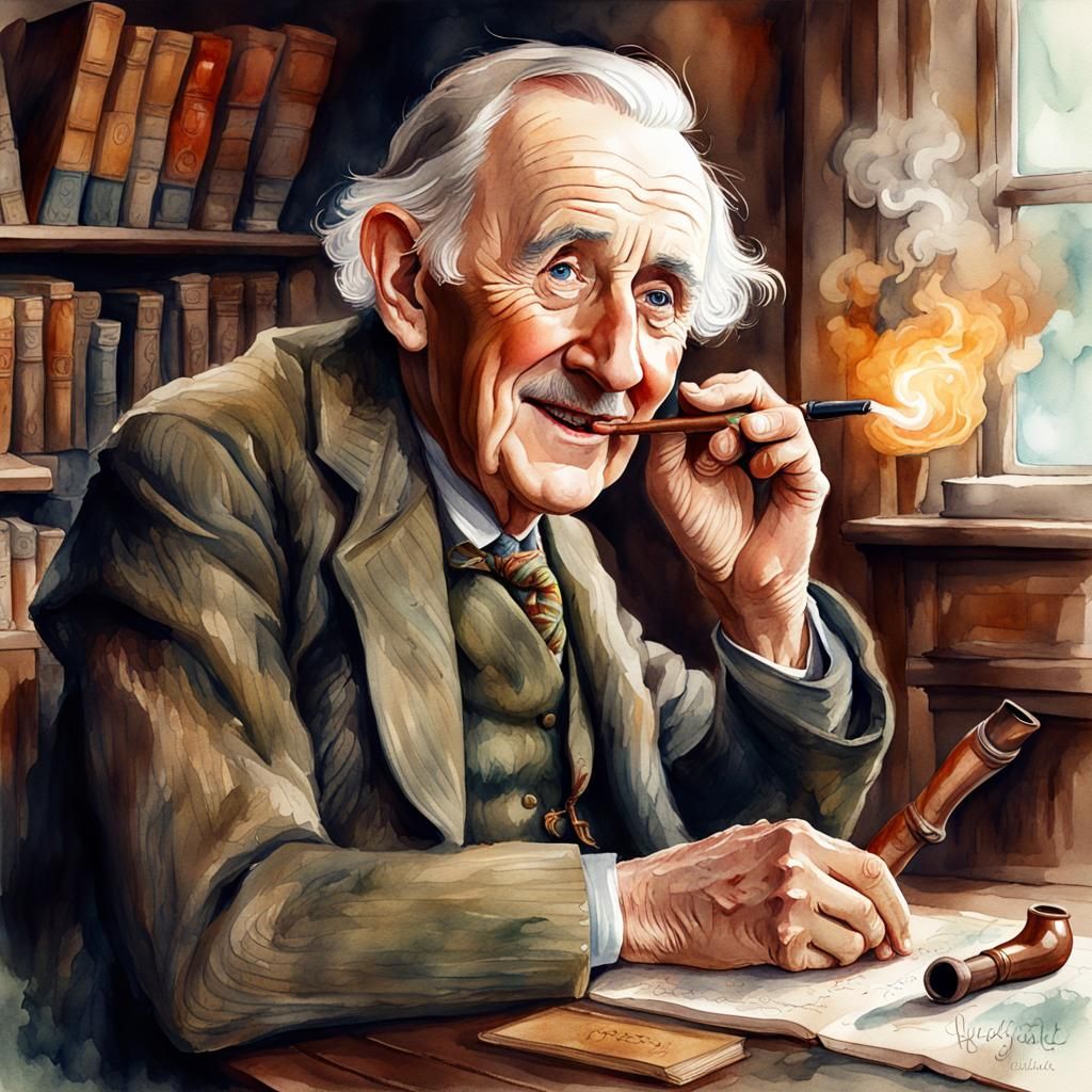 Watercolor Portrait of Happy Man with Pipe