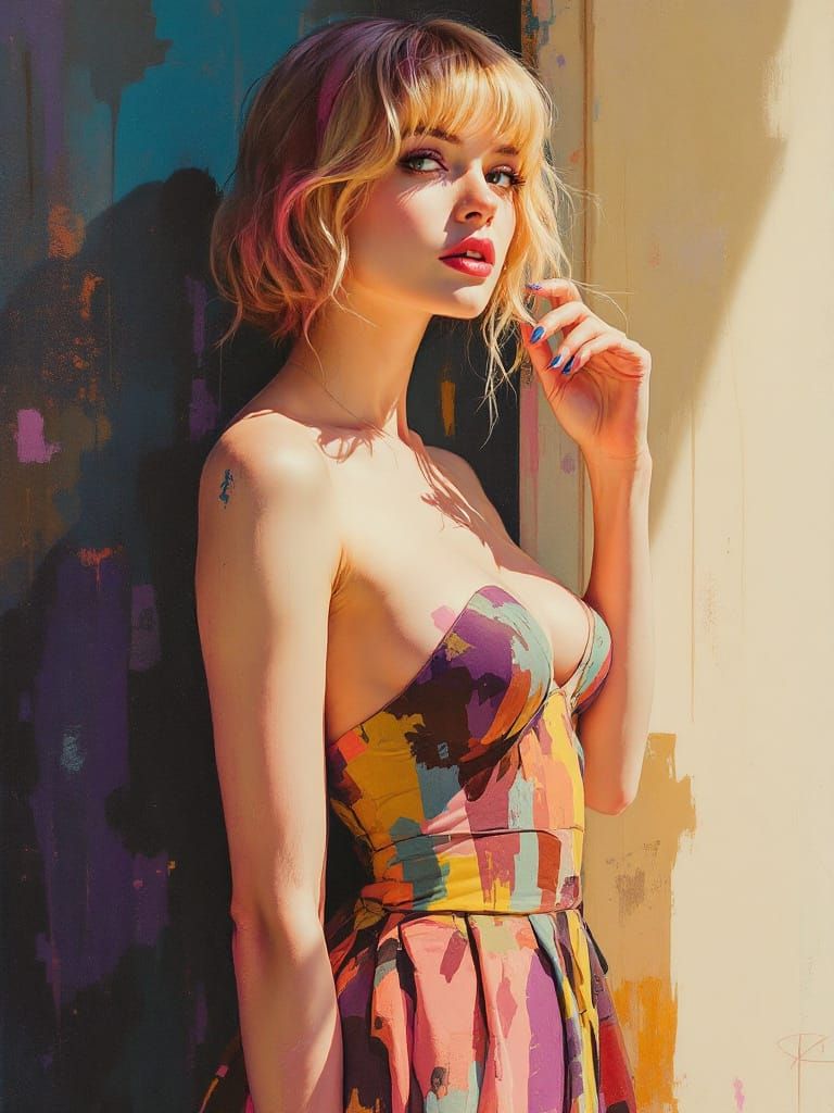 Blond Pin-Up Woman With Pink Hair In Bold Style