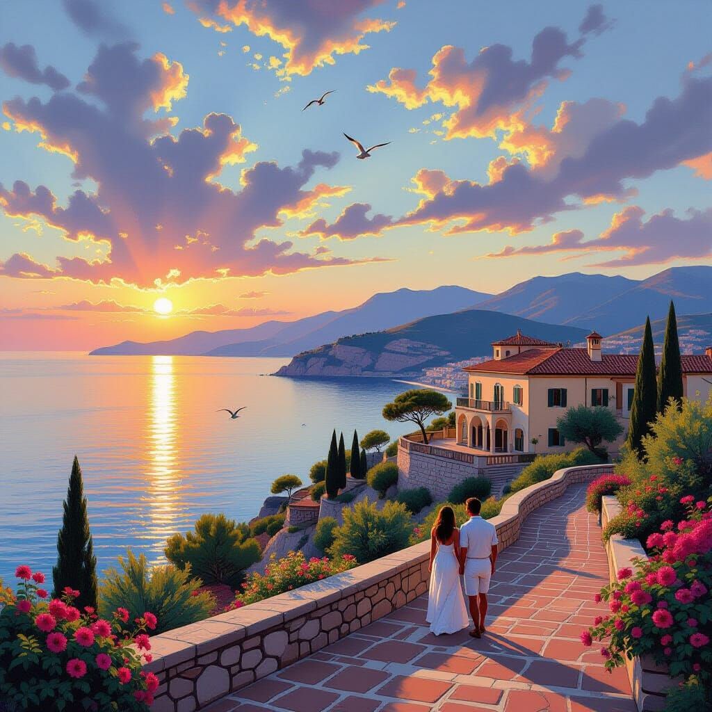 Italian Villa Sunset: Coastal Summer Landscape Painting