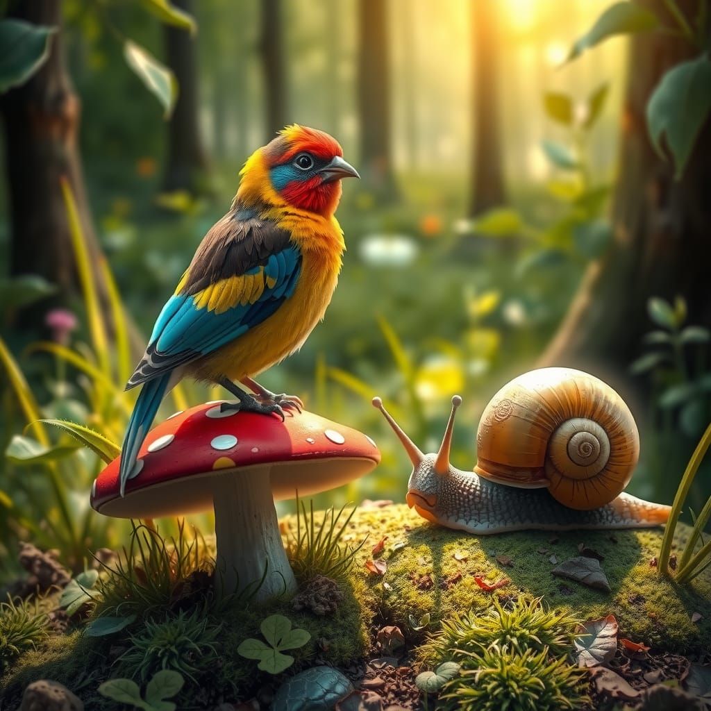 Colorful Bird and Snail in Forest, Whimsical Illustration