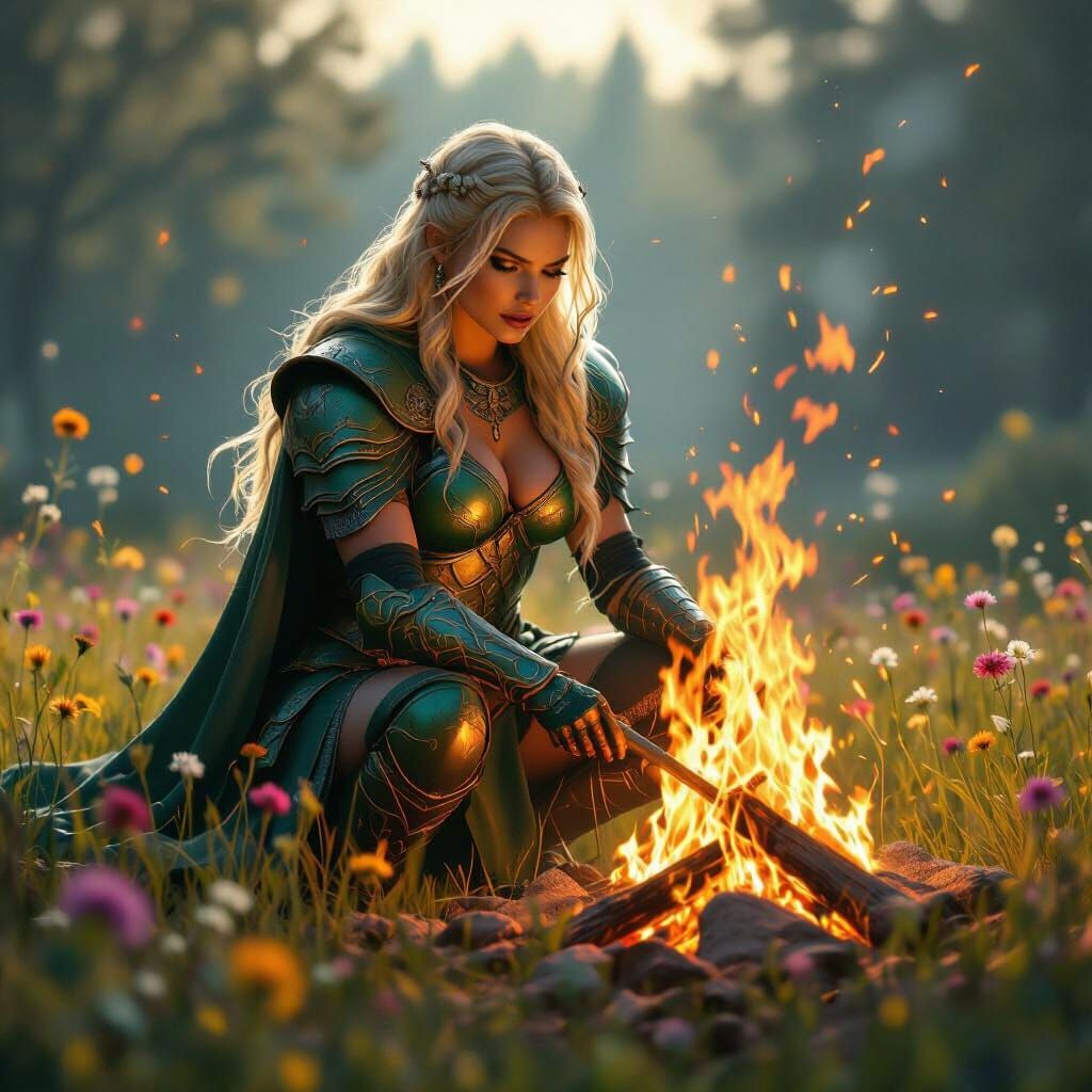 Valkyrie Ignites Meadow Fire in Epic Fantasy Art