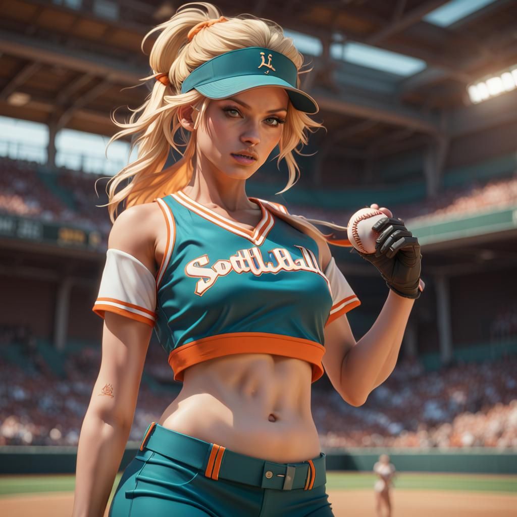 Blonde Woman in Softball Uniform, Detailed Concept Art
