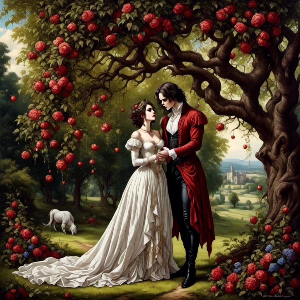 Renaissance Couple in Old English Garden Romance