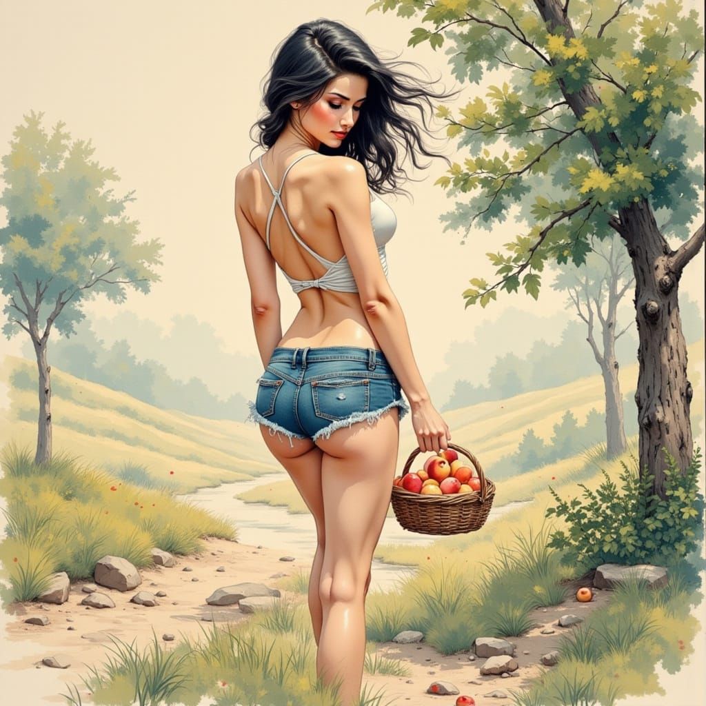 Sumi-E Portrait of a Flirtatious Georgia Pin-Up