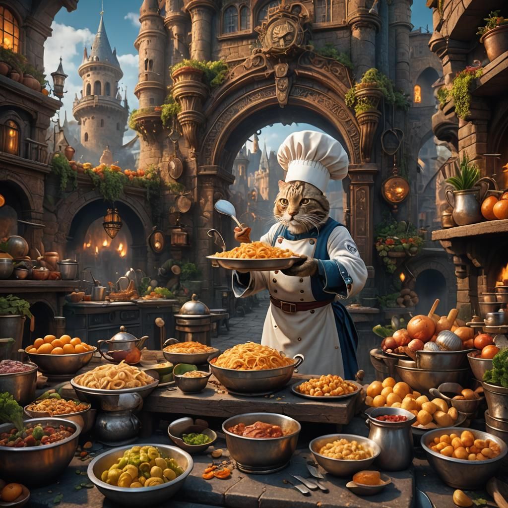 Cat Chef's Tea Time: Detailed Matte Painting